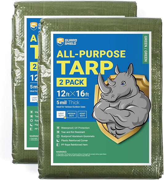 GUARD SHIELD Tarp Green 12x16 Feet Multi Purpose Waterproof Poly Tarp Cover 5mil (2-Pack)