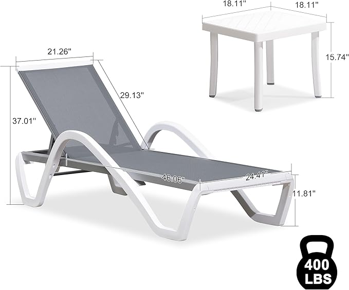 PURPLE LEAF Patio Chaise Lounge Chair Set Outside Aluminum Plastic Stackable Tanning Chairs with Armrests and Side Table for Pool Sunbathing Beach Deck Outdoor Lounger, Light Gray