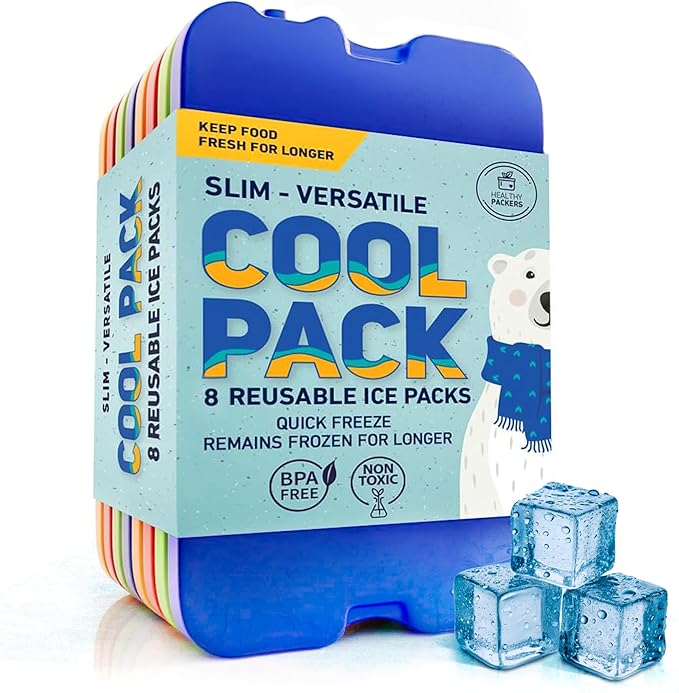 Healthy Packers Ice Packs for Lunch Boxes & Coolers - Original Cool Pack | Slim & Long-Lasting Reusable Ice Pack for Lunch Bags | Freezer Packs for Coolers (Set of 8)