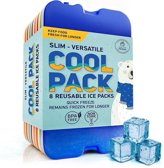 Healthy Packers Ice Packs for Lunch Boxes & Coolers - Original Cool Pack | Slim & Long-Lasting Reusable Ice Pack for Lunch Bags | Freezer Packs for Coolers (Set of 8)