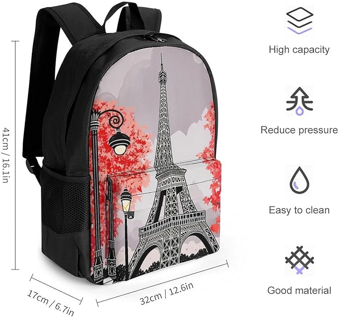 Supdreamc Daypack Backpack Polyester Anti-Theft Multipurpose Paris European City Landscape France Eiffel Tower Oil Art Bookbag Big Capacity Travel Hiking Camping Rucksack With Smooth Zippers