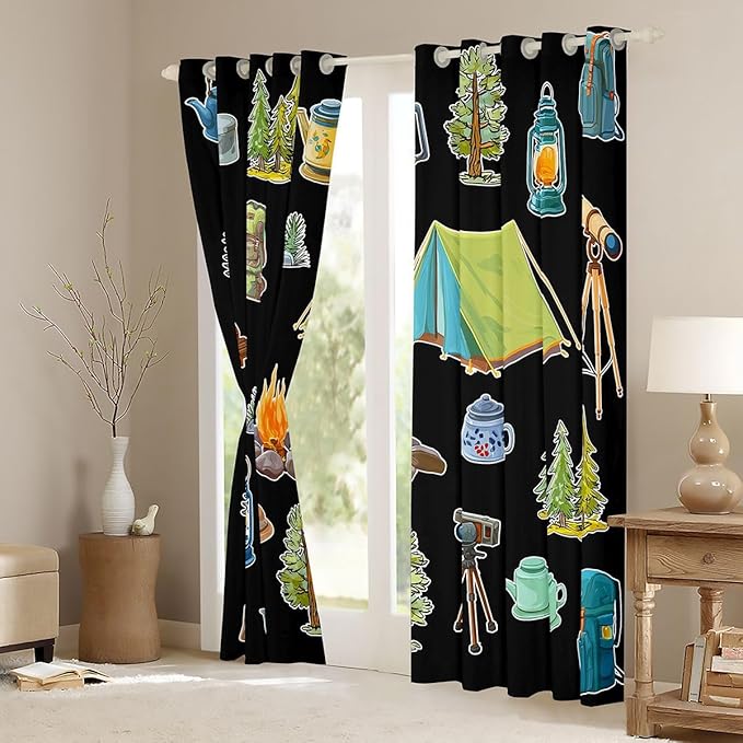 Feelyou Black Camper Theme Curtains for Bedroom Living Room Happy Camping Blackout Shades Adventure Camper Room Darkening Curtain Window Treatments, 2 Panels 38 x 45 Inch Decor