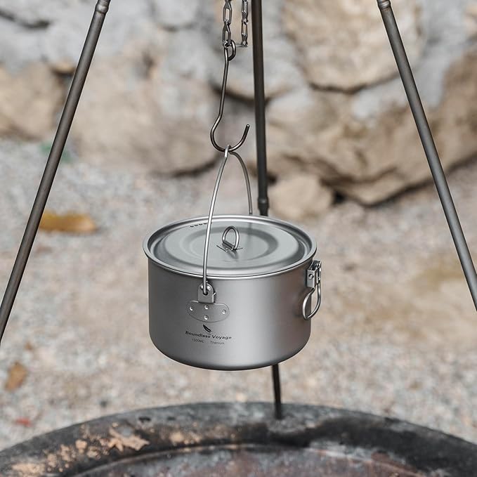 Boundless Voyage Titanium Hanging Pot for Outdoor Camping Backpacking Hiking Ultralight Portable Cooking Pot Camp Kitchen Cookware 1300ML/1950ML/2900ML