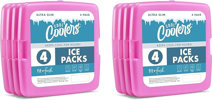 Cool Coolers by Fit + Fresh, Reusable & Long-Lasting Slim Ice Packs, Cold Packs for Lunch Boxes, Ice Packs for Lunch Bags, Purple 8 Pack