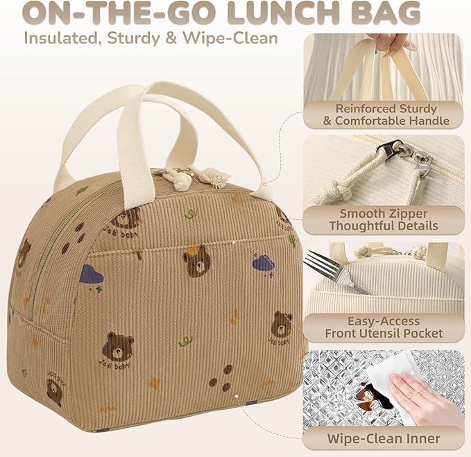 Lunch Bag for Women Men Cute Corduroy Lunch Tote Bags Reusable Insulated Lunch Box Large Capacity Reusable Insulated Cooler for Work/Picnic/Travel