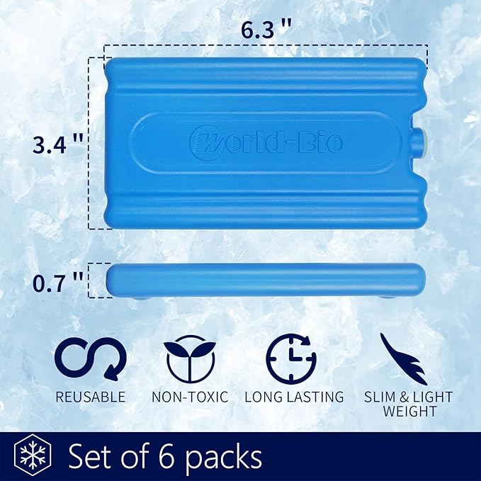 WORLD-BIO Reusable Ice Packs for Coolers & Lunch Boxes - Leakproof Quick Freeze Cold Packs for Picnics, Beach, Camping, Work - Long Lasting to Keep Food & Drinks Cold