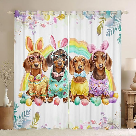 Dachshund Cute Dog Window Curtain | Beach Party Window Drapes for Boys Bedroom Decor,Tropical Palm Blackout Curtains Rainbow Floral Living Room Top 2 Panels,42Wx63L