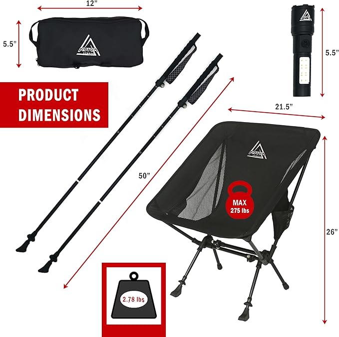 3-in-1 Camping Chair, Trekking Poles & Mounted Flashlight – All-in-One Backpacking Kit Small & Weighs Only 3 lbs – Lightweight Aluminum Hiking Poles - Chair & High Lumen LED Light