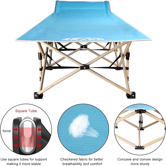Camping Cot, 450LBS(Max Load), Portable Folding Outdoor Bed with Carry Bag for Adults Kids, Heavy Duty Cot for Traveling Gear Supplier, Office Nap, Beach Vocation and Home Lounging (Blue)