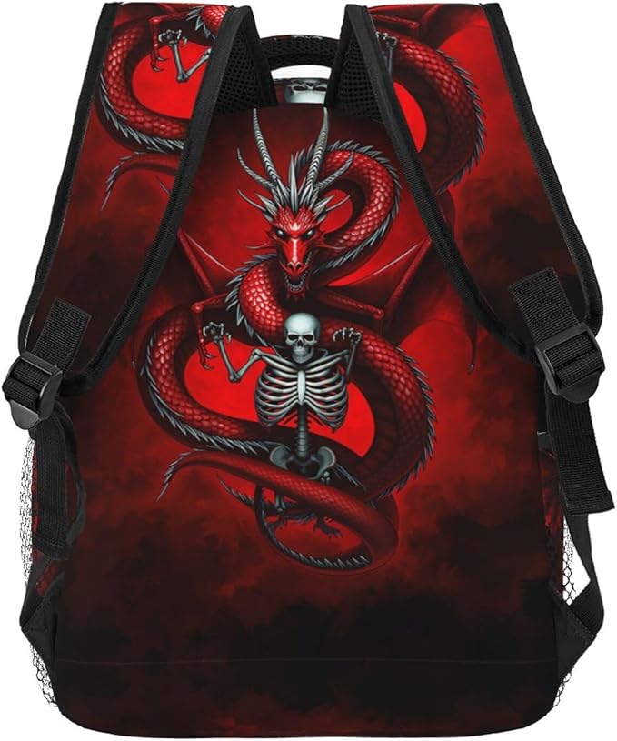 Rucksack Polyester Anti-Theft Multipurpose Skull Head Red Dragon Art Bookbag Big Capacity Travel and Sport Backpack Rucksack With Side Pockets