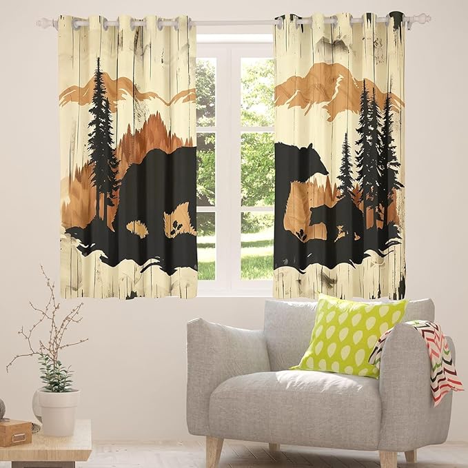 jejeloiu Rustic Wood Bear Pattern Curtains for Bedroom Living Room Bear Silhouette Mountain 30%-50% Blackout Shades Pine Tree Room Darkening Curtain Wildlife Window Treatments, 2 Panels 52 x 63 Inch