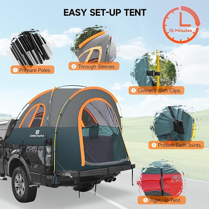 Truck Bed Tent 6.4' ~ 6.7' Easy Set Up Umburato Pickup Truck Tents for Camping, Waterproof PU3000mm Canopy for Truck Camper, Portable, Spacious for 2 Person Green