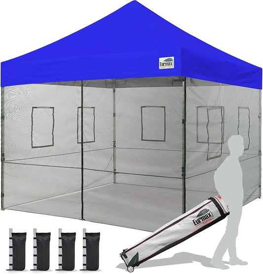 Eurmax USA 10'x10' Pop-up Canopy Tent Commercial Instant Canopies with 4 Removable Zipper End Food Service Wall kit and Roller Bag, Bonus 4 SandBags(Blue)
