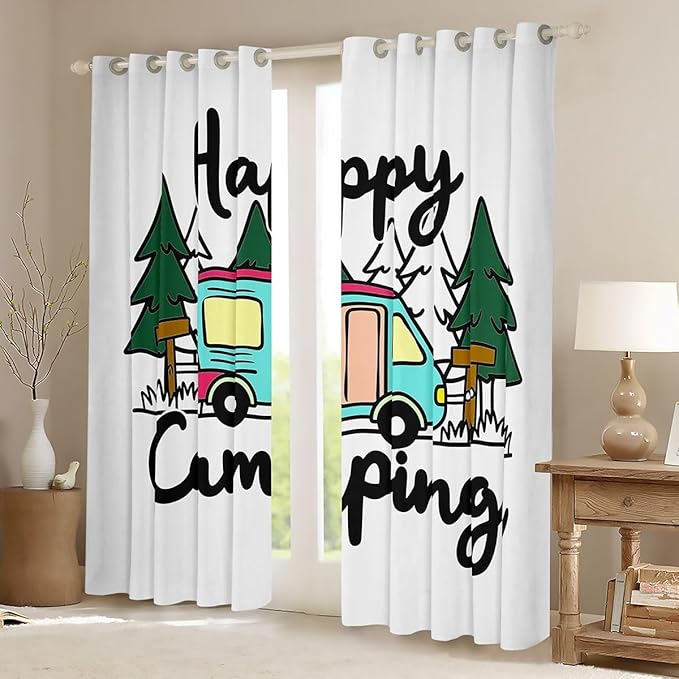 Erosebridal Camping Blackout Curtains for Bedroom Living Room Happy Camping Window Curtains 2 Panels 42" Wx90 L Vehicles Camper Drapes,Camp Travel Car Rustic Farmhouse Window Treatments
