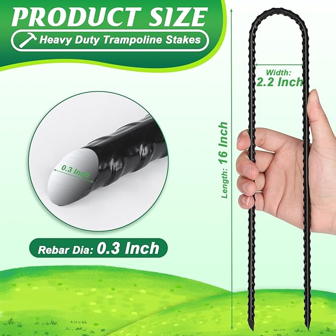 Gtongoko Trampolines Wind Stakes 16 Pack 16 Inch, 0.3 Inch Thick Heavy Duty U Shaped Rebar Tent Stakes Ground Anchors Galvanized Steel Safety Trampoline Anchors for Camping Tents, Soccer Goals