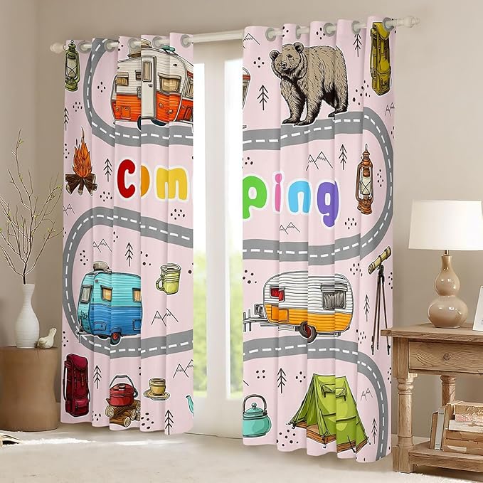 Feelyou Cute Pink Rv Camping Camper Curtains for Bedroom Living Room Wildlife Animal Bear Blackout Darkening Drapes Happy Camping Window Treatments, 2 Panels 42 x 63 Inch Room Decor
