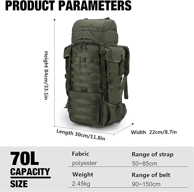 Mardingtop 70L Internal Frame Backpack for Hunting,Camping,Hiking Backpacking Backpack with Rain Cover