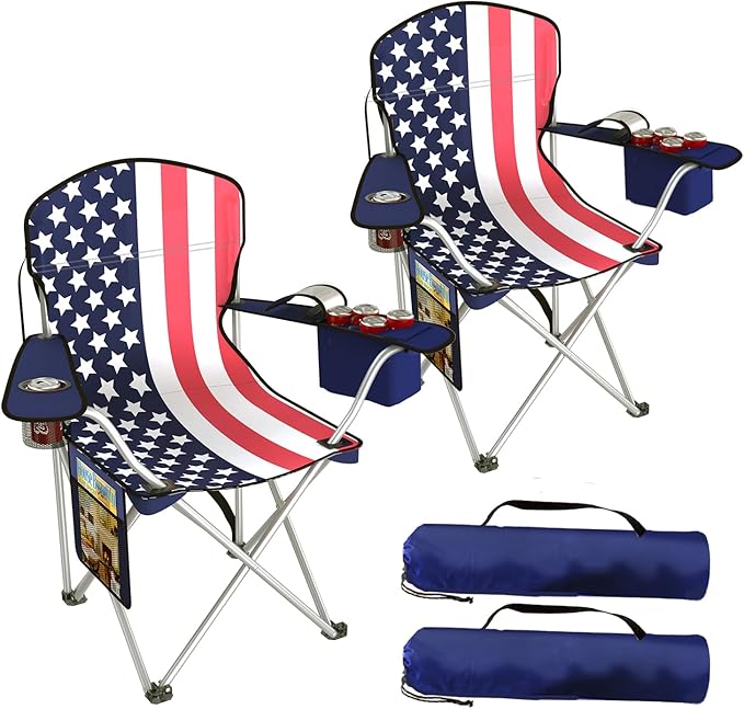 Folding Camping Chairs Durable 600D Oxford, Portable Outdoor Chair with Cooler Pouch, Cup Holder & Storage Pocket for Camping, Beach, Fishing