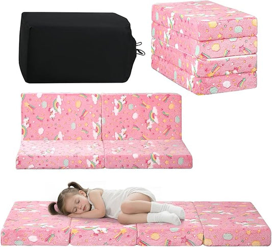 MeMoreCool Kids Folding Mattress, Trifold Mat Foldable Floor Mattress for Kids, 63x26 Portable Floor Mat with Washable Cover and Carry Bag, 4 Inch Foam Medium Firmness, Colorful Unicorn