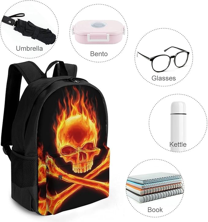 Polyester Daypack for Camping Travel Walking Cycling, Big Capacity Anti-Theft Multipurpose Bookbag, Fire Flaming Skull Crossbones Camping Outdoor Backpack