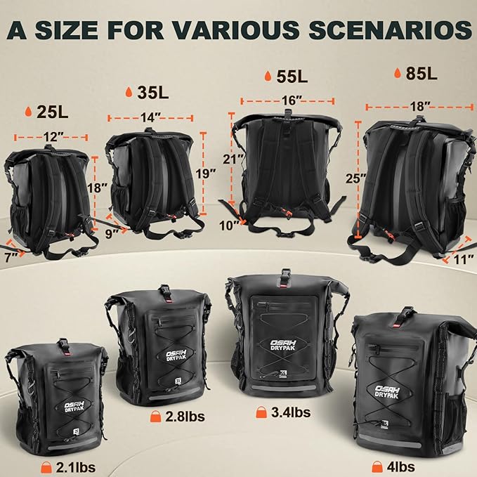 Waterproof Backpack Dry Bag 25L/35L/55L/85L – Heavy Duty Roll-Top Hiking Backpack Sack Keeps Gear Dry for Travel, Kayaking, Boating, Camping, Rafting and Fishing