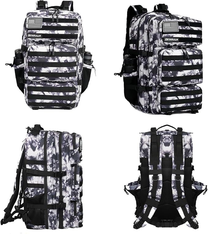 Military Tactical Backpack 55L for Men & Women Bug Out Bag Assault pack Molle Daypack Hiking Trekking Rucksack (Black and white tie dye)