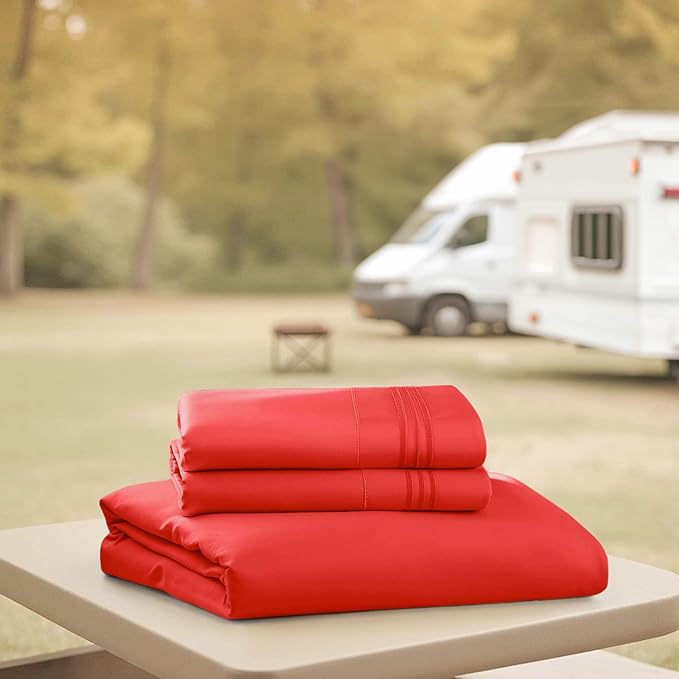 Hearth & Harbor Short Queen Sheets for RV, Red RV Queen Sheets, Silky Soft 1800 Microfiber Bed Sheet for Camper, 4 Piece RV Bedding with Pillowcases