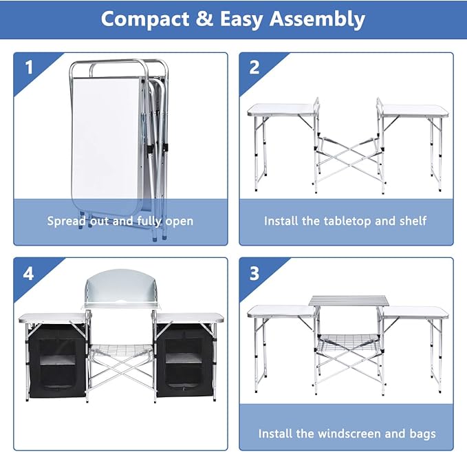 Giantex Camping Kitchen Station, Folding Grill Table with 26'' Tabletop, 2 Side Tables, Storage Organizer, Detachable Windscreen, Portable Camp Cook Outdoor Prep Station Backyard BBQ Picnic (Black)