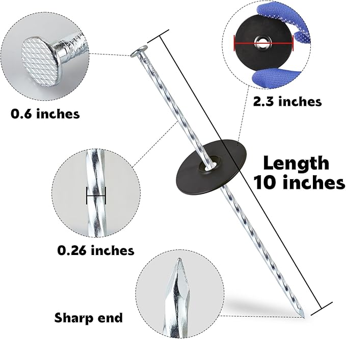 10 Inch Spiral Landscape Stakes with Gasket, 100 Sets Heavy Duty Galvanized Metal Garden Landscape Stakes Kit for Securing Weed Barrier, Landscape Fabric, Artificial Grass, Floor Mat