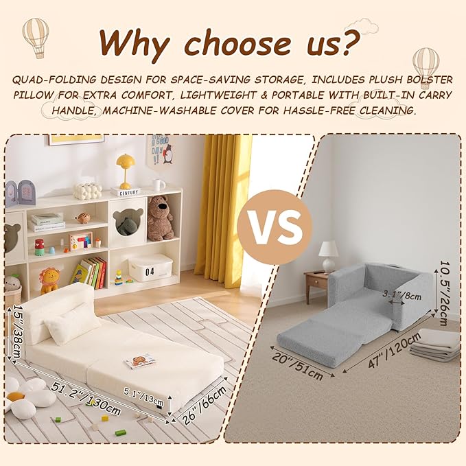 Folding Sofa Bed Beige Floor Mattress for Kids with Pillow, Toddler Washable Folded Floor Mat for Daycare, Child Fold Up Sofa Chair Bed with Storage Bag for Playroom, Camping, Girls and Boys