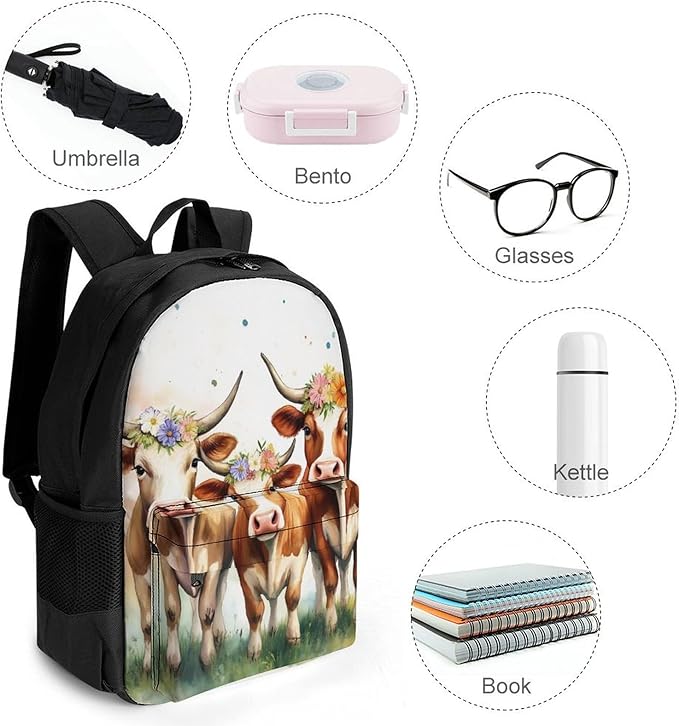Supdreamc Polyester Daypack Backpack for Sports Travel Running, Big Capacity Anti-Theft Multipurpose Carry On Bag, Cute Highland Cow Family Laptop Book Bag Rucksack