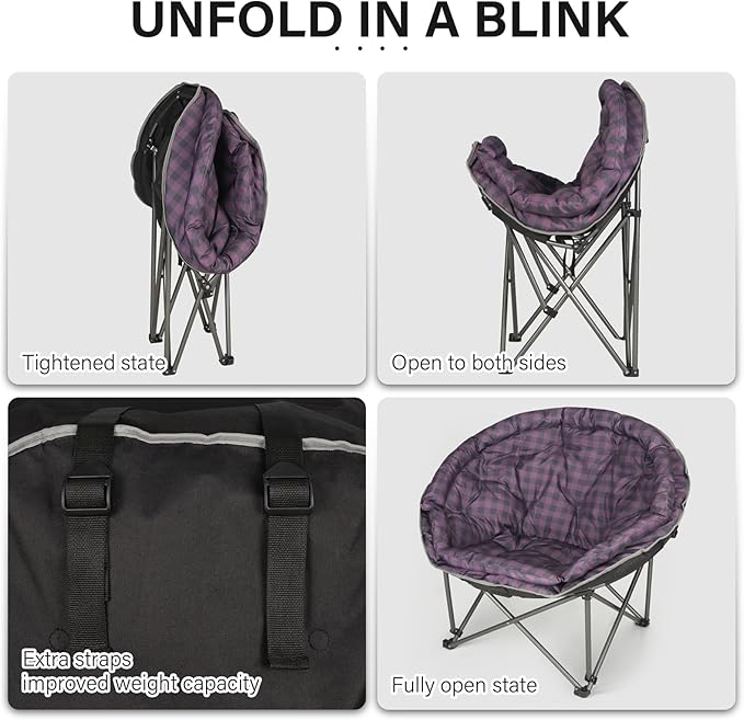 Oversized XXL Folding Round Camping Chairs,Comfy Padded Moon Camp Chairs,Heavy Duty Supports 440 Lbs Outdoor Lawn Chairs for Adults,Perfect for Indoor,Family Hiking,Picnics and Garden,Purple Plaid