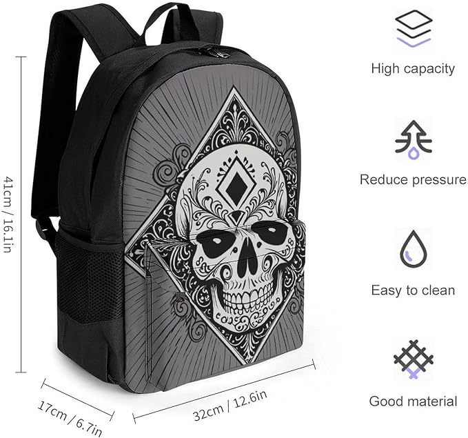 Rucksacks Multipurpose Anti-Theft Big Capacity Bookbag, Ace Of Spades Skull Grey Art Travel Hiking Camping Rucksack With Padded Straps