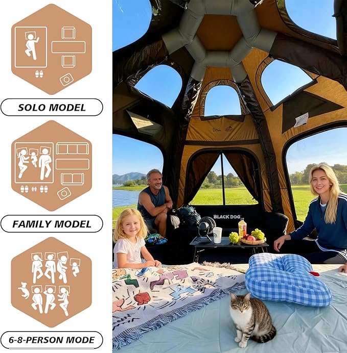 Inflatable Camping Tents 8-10 Person,129 Square Feets Large Inflatable Camping Tent with Stove Jack,Blow up Tent with Mesh Windows & Pump