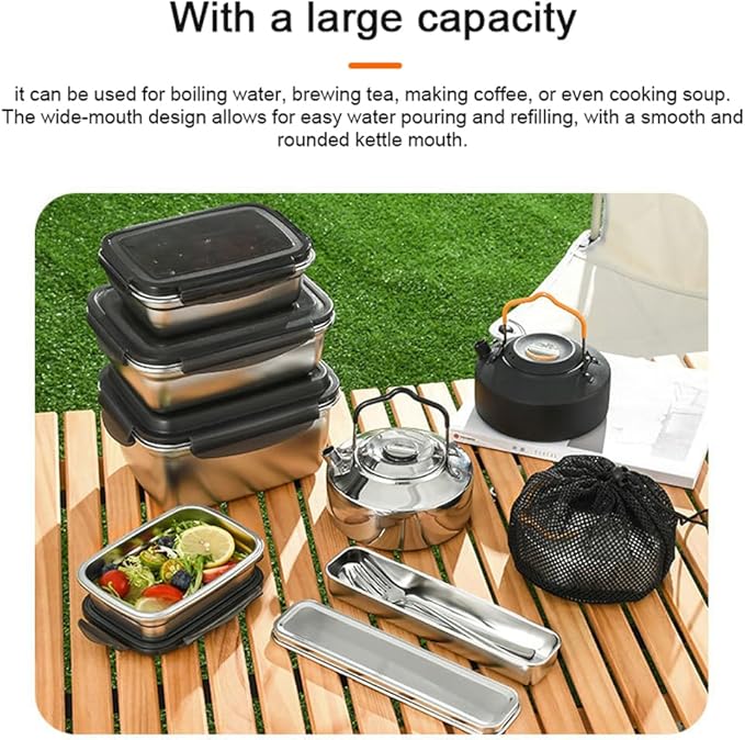 Camping Kettle, Portable Stainless Steel Tea Coffee Pot, Outdoor Water Teapot with Safe Handle for Picnic, Fishing, Backpacking