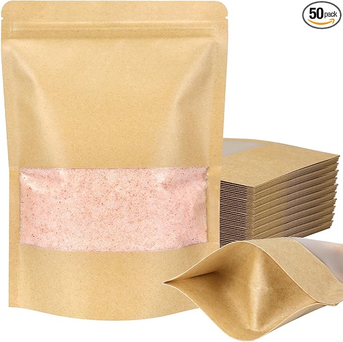 Blisstime Stand Up Pouches, 50 Pack Kraft Paper Bags with Matte Window and Tear Notch Resealable Bags for Small Business Home Use (6 x 8.1 Inches)