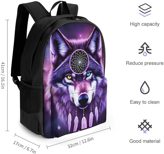 Polyester Daypack Backpack for Sports Travel Running, Big Capacity Anti-Theft Multipurpose Carry On Bag, Purple Galaxy Dream Catcher Wolf Space Fantasy Laptop Book Bag Rucksack