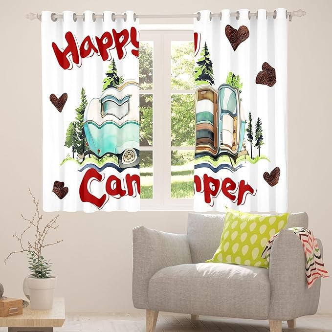 Erosebridal Camper Window Curtains 42" Wx90 L Happy RV Camping Blackout Curtains for Bedroom Living Room,Camp Adventure Window Treatments Summer Camper Forest Drapes Decor 2 Panels