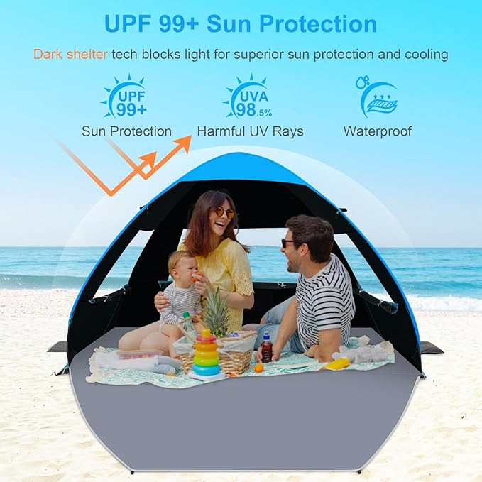Gorich Easy Pop Up Beach Tent for 3-4 Person, UPF 50+ UV Protection Beach Umbrella Sun Shelter, Portable Lightweight Shade with Easy Foldable & Instant Setup