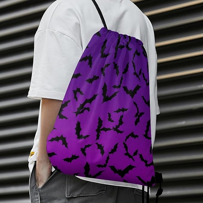 Waterproof Drawstring Bag Gym Sack Sports Backpack for Hiking Swimming Beach Yoga Gear Lightweight Unisex, Happy Halloween Bat Black Bats Purple Bags
