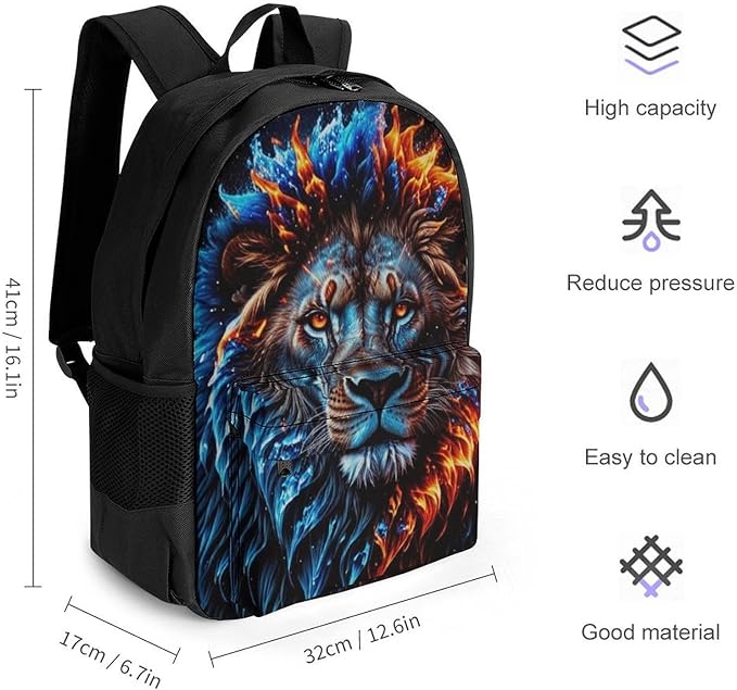 Daypack Backpack Anti-Theft Multipurpose Large Capacity Carry On Bag, Cool Lion Fire Surreal Style Art Traveling Camping Backpack With Side Pockets