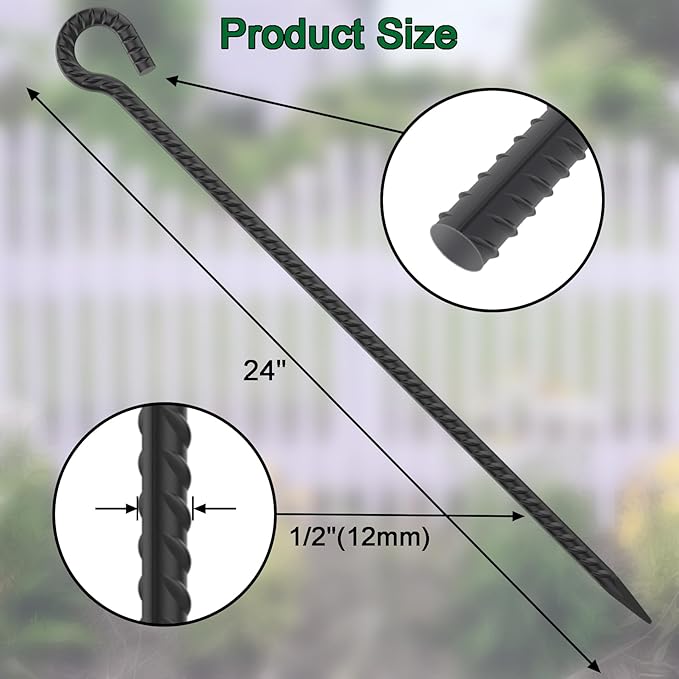 Rebar Stakes 24 Inch with Loop (Set of 6) | 1/2 Inch Thick Tree Stakes and Supports, Steel Tarp Pegs, Camping Tent Ground Anchors | Create Rope Border, Fence, Pathway | for 1.18" Diameter Rope (Black)