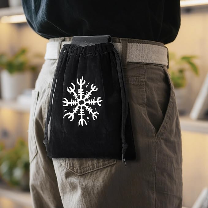 HiiFeuer Medieval Embossed Foraging Bag Belt Pouch, Portable Collapsible Bag Hiking Pouch for Ren Faire (Black A)