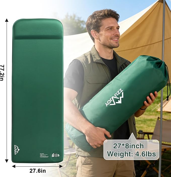 Self Inflating Sleeping Pad, 3.1" Ultra-Thick Memory Foam Sleeping Mat with Pillow, 4-Season Camping Mattress with Foot Pump, 9.5 R-Value Insulated Camp Sleeping Mat for Tent Travel Car