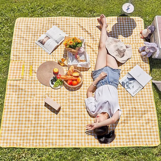 RUIBOLU Beach Blanket Large Picnic Blankets, 80x60in Sandproof Beach Mat for 2-4 Adults Waterproof Quick Drying Outdoor Picnic Mat for Travel Camping Hiking Festival Park Lawn (Yellow Plaids)