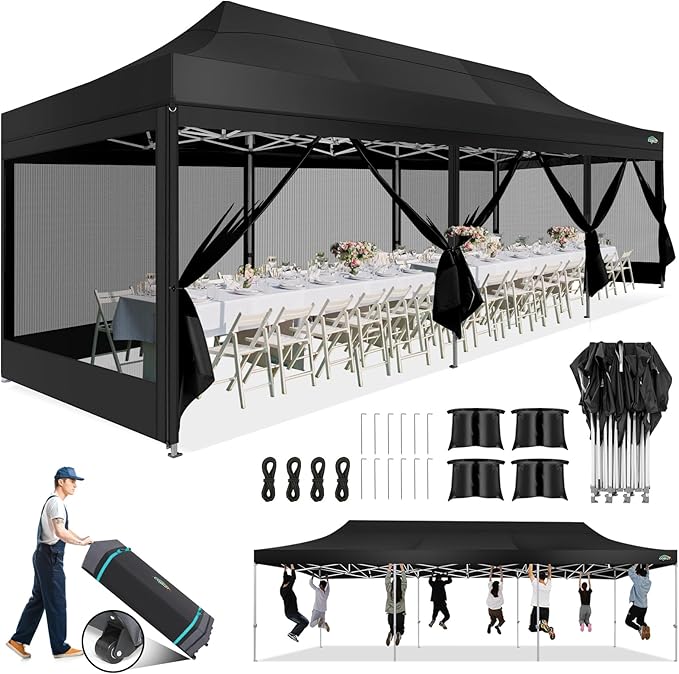 COBIZI 10x30 Canopy Tent, Heavy Duty Pop up Canopy with Sidewalls, Waterproof Easy Setup Canopy with Mosquito Netting, Outdoor Instant Screen Tents for Parties, Wedding with Roller Bag, Black