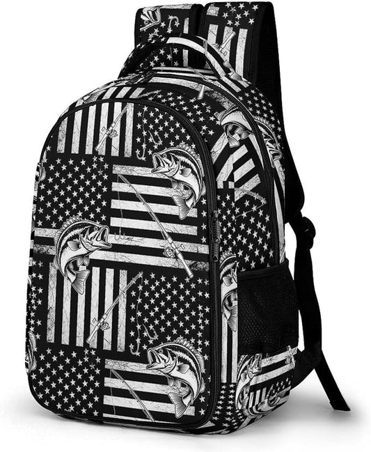 Waterproof Hiking Backpack Black And White American Bass Fishing Flag, Anti Theft Travel Laptop Rucksack with Multi Compartments for Men Women Outdoor Sports
