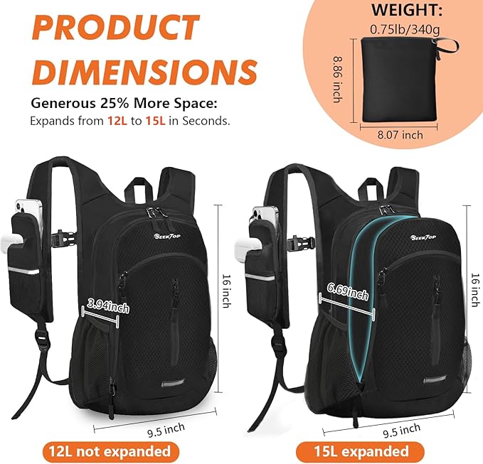 Seektop Expandable Small Hiking Backpack 12L-15L Lightweight Packable Waterproof Daypack with Phone Pocket for Women Men