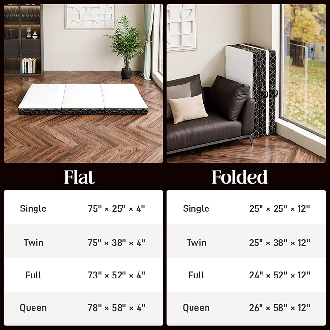 Tri-Fold Memory Foam Mattress Queen - 4 Inch Portable Folding Mattress with Handle & Washable Cover, Floor Bed with Non-Slip Base, Space-Saving for Room, Travel, Guest Bed, RV, 78"x58"x4"