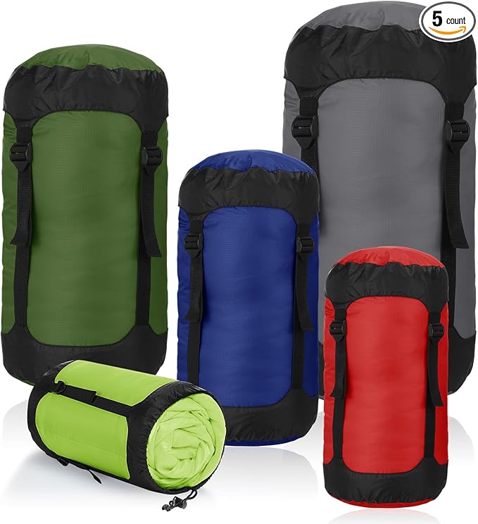 5 Pcs Compression Sacks for Backpacking 5L/10L/15L/20L/35L Camping Sleeping Bag Stuff Sack Water Resistant Sleeping Bag Storage Sack for Space Saving Hiking Gear